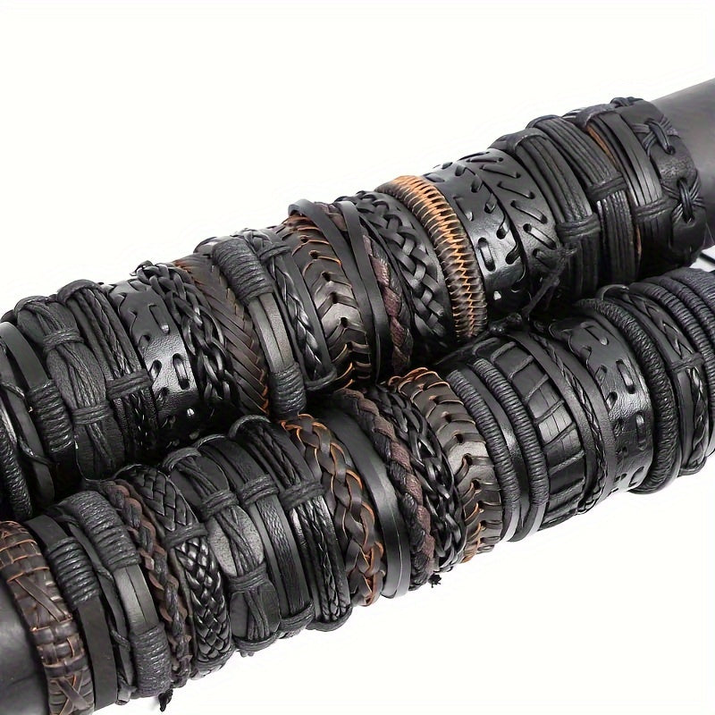 Set of 10, 20, or 30 Faux Leather Bracelets for Men and Women, Perfect for Christmas, Thanksgiving, and New Year Gifts. These Fashionable Retro Black and Brown Alloy Faux Cowhide Woven Bracelets are Adjustable and Stylish.