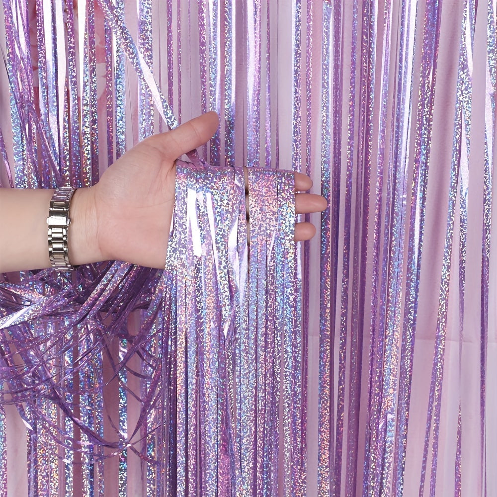 Purple foil fringe curtains, 8.2x3.25ft, ideal for parties and holidays.