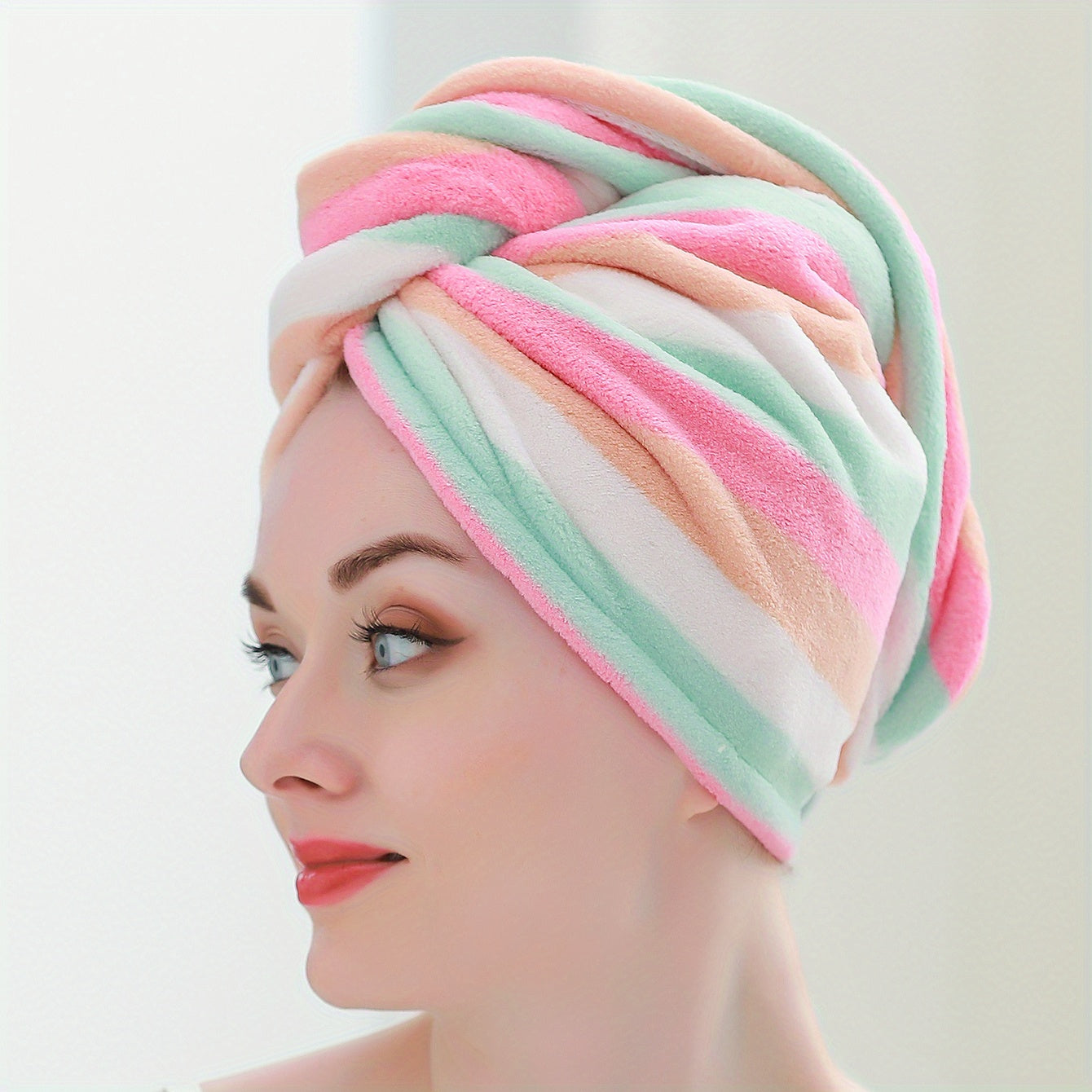 Soft Coral Fleece Hair Towel Wrap for Women - Quick Dry, Thick Striped Design - Modern Bathroom Accessory