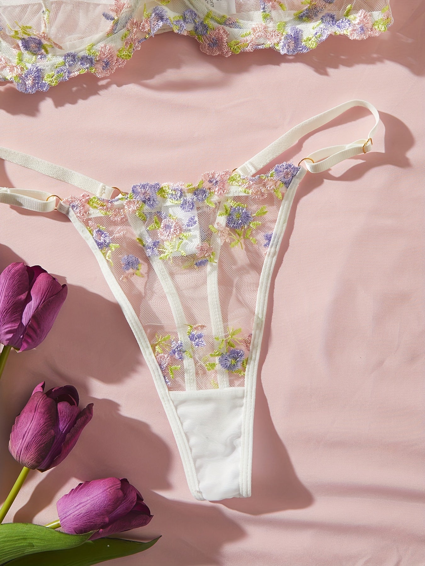 Floral Mesh Lingerie Set - Bra and Thong, Women's Sexy Underwear