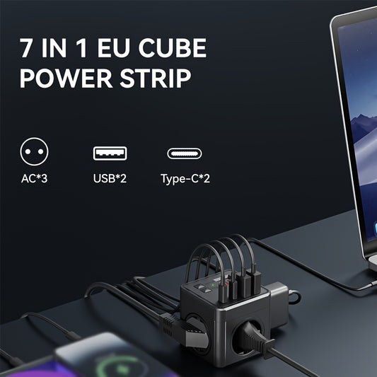 1pc EU power strip with 7 outlets, 1.5m and 3m extension cords, 3 AC sockets, 2 USB 2 Type-C ports, scheduled shutdown feature. Ideal for home, office, travel, and computers. Available in