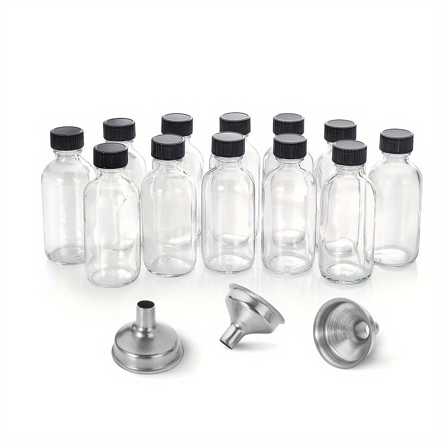 12 mini 2oz clear glass bottles with lids and 3 stainless steel funnels. Perfect for juice, wellness shots, whiskey, and more. Great for travel and kitchen use.