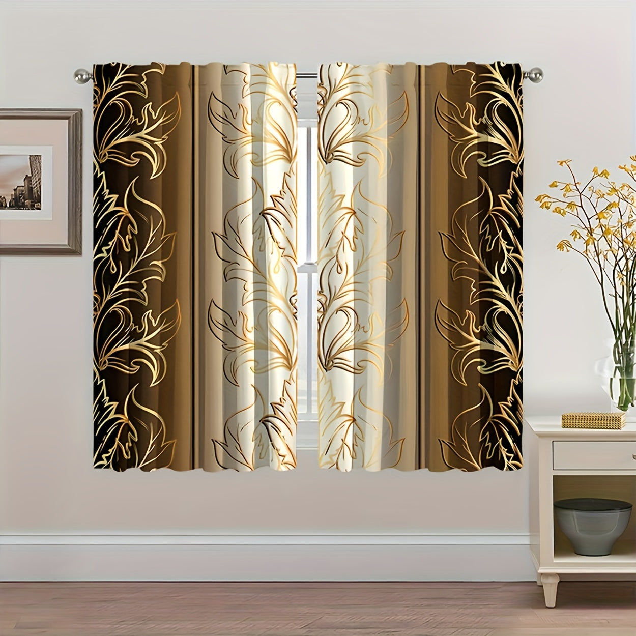 Two pieces of leaf print curtains with rod pocket, perfect for adding a decorative touch to your bedroom or living room. Enhance your home decor with these window treatments that are designed to bring a stylish flair to any room.