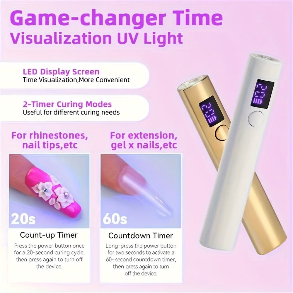 USB rechargeable handheld mini LED nail lamp with digital timer, ideal for DIY home and salon manicures.