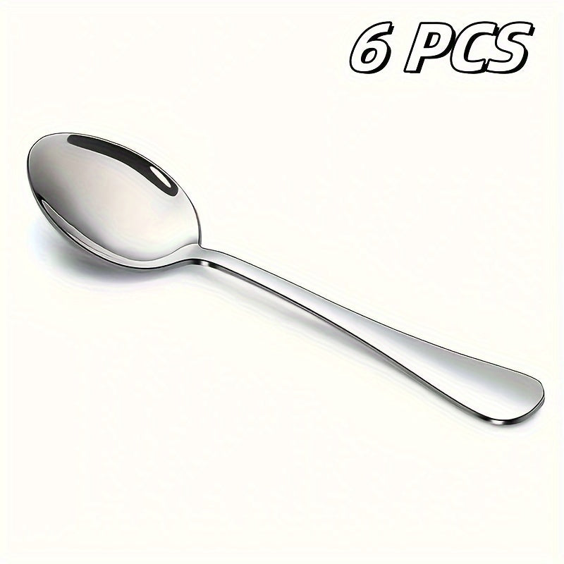 Set of 6 stainless steel spoons: tea, dessert, coffee, and stirring. Dishwasher safe for restaurant use.