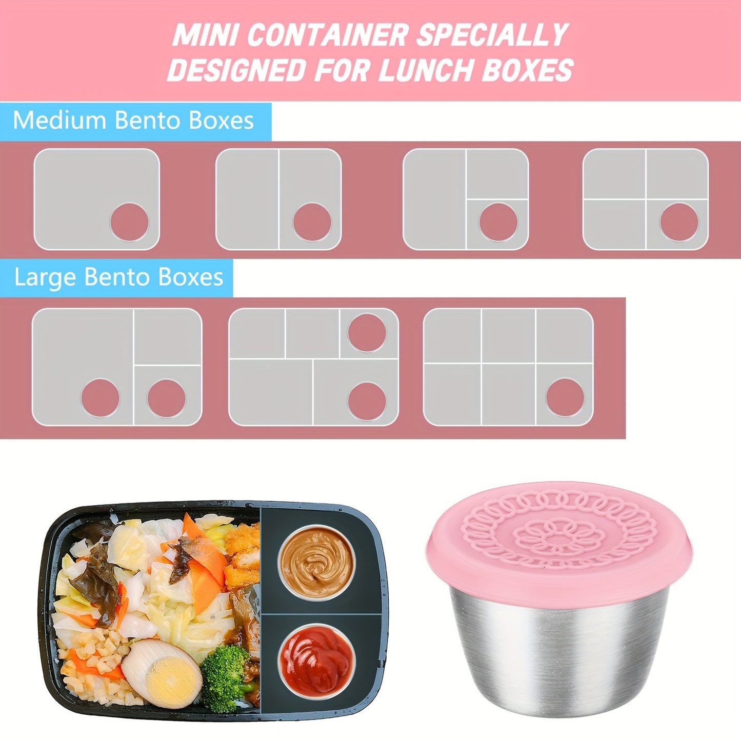 Stainless steel salad sauce containers with leakproof lids, ideal for lunch, dipping sauces, and picnics.