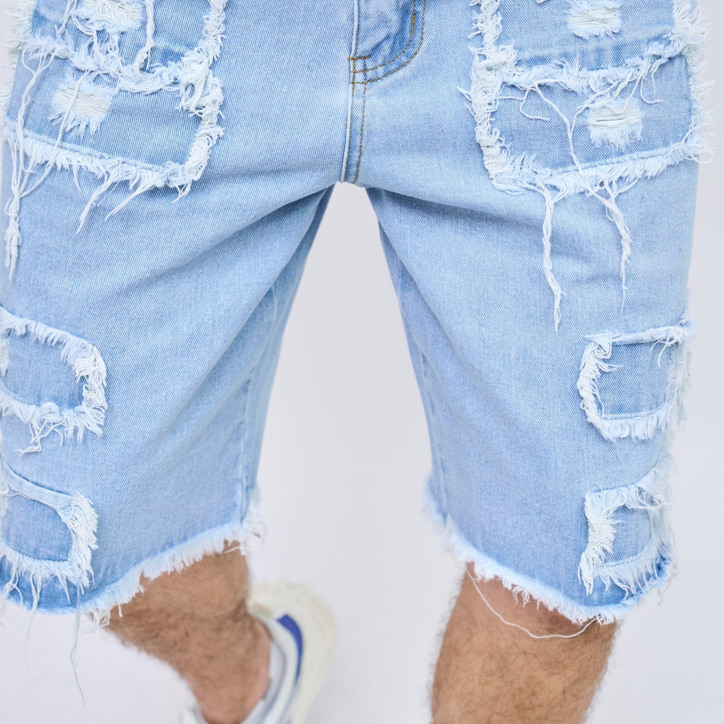 Men's distressed denim shorts with multiple pockets and frayed hem, made from cotton for plus size