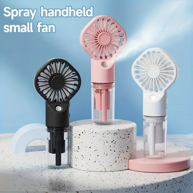 Portable Handheld Misting Fan with USB Rechargeable Battery - Plastic Bladeless Mini Face Steamer Fan ideal for Indoor & Outdoor Use, Features Button Control, 800mAh Lithium Battery, and Comes with Power Cord included.