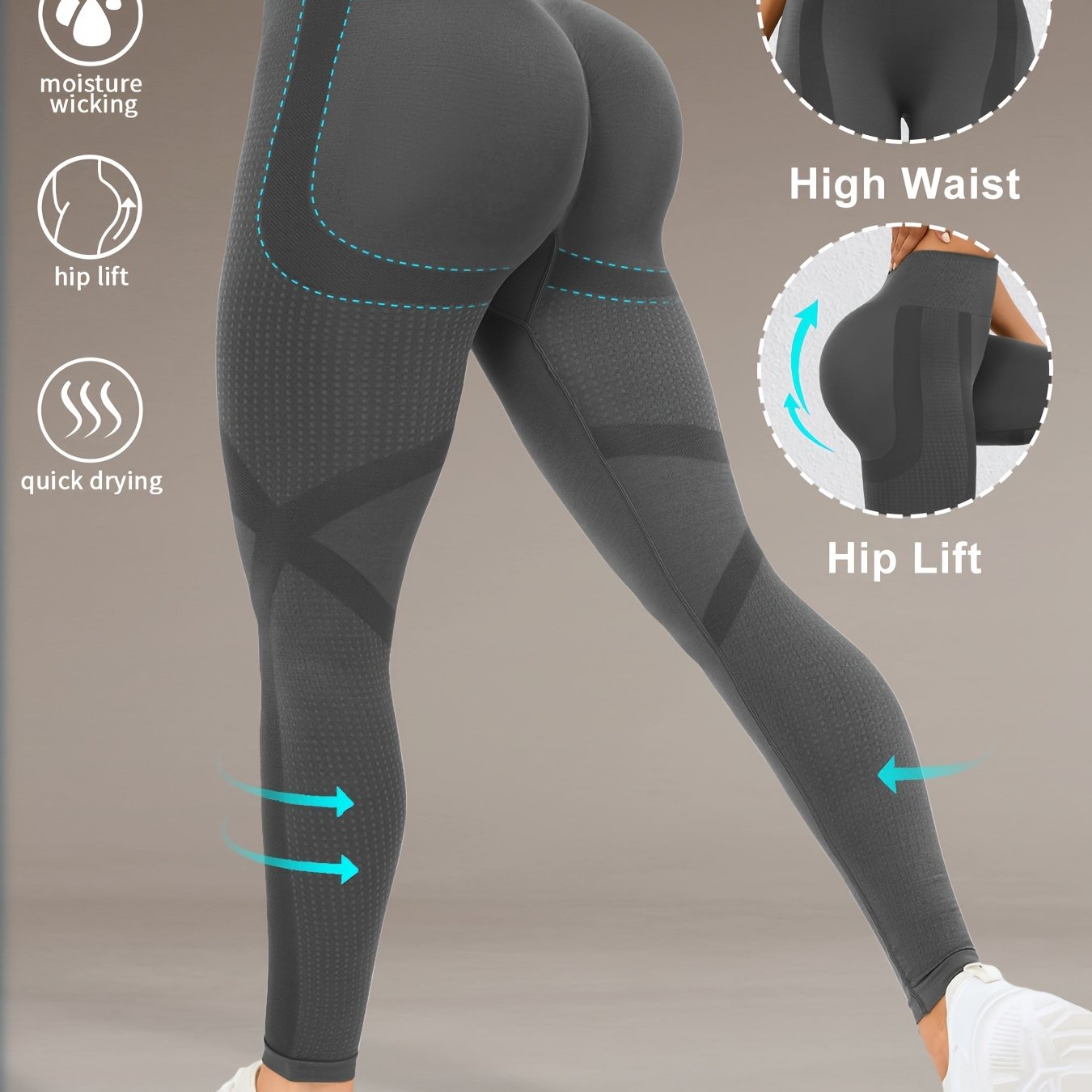 High Waist Butt Lifting Yoga Pants for Women with Moisture-Wicking, Hip Lift Design. Made of 90% Polyamide & 10% Elastane, Machine Washable. All-Season Activewear for Running, Gym & Yoga.