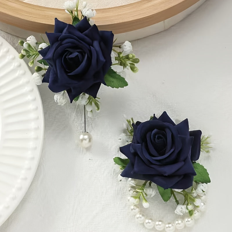 Bridal party accessories such as wrist and chest flowers resembling roses, suitable for bridesmaids, sisters, groomsmen, bride and groom, along with forest-inspired wrist flowers for a unique touch.