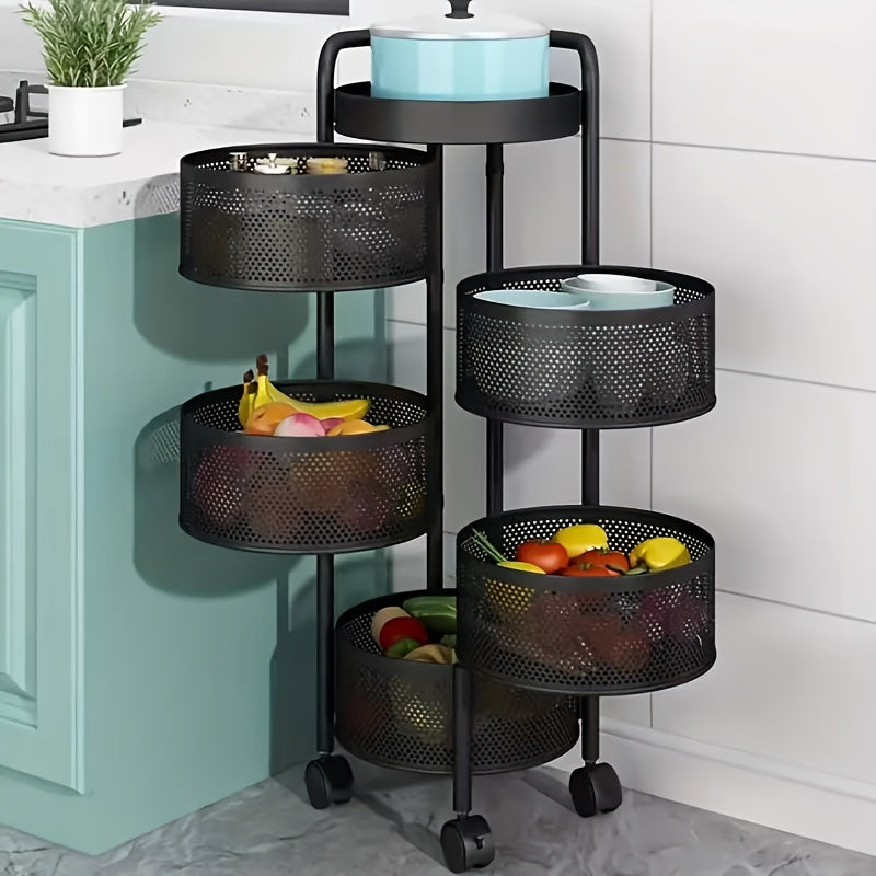 5-tier rotating vegetable storage rack with metal shelves and casters.