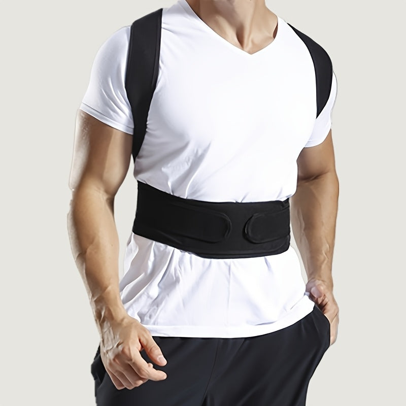 Unisex posture corrector back brace made of knit fabric, neoprene, polyester, and nylon. Adjustable waist protector for spine alignment with breathable design for year-round use.