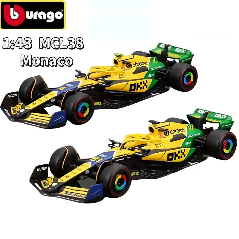 Bburago 1:43 Scale Zinc Alloy Mclaren MCL38 Monaco Diecast Models #4 & #81 - Weather-resistant, Push-operated, Multicolor Collectible Car Replicas for Racing Fans.