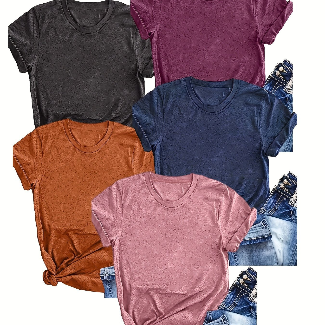 5-Pack Women's Casual Crew Neck T-Shirts, Solid Color Short Sleeve Summer Tops made from Polyester Knit Fabric with Slight Stretch