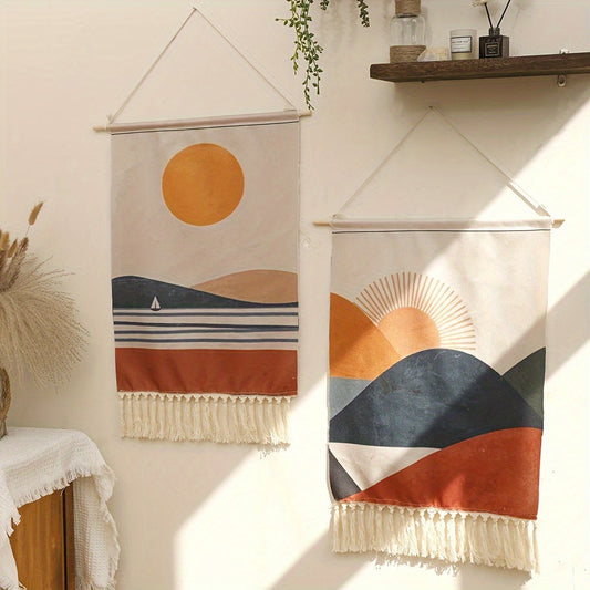 This linen wall tapestry features a fringe border and a bohemian sun and sailboat design, perfect for adding artistic flair to your living room or bedroom decor. Suitable for ages 14 and up.