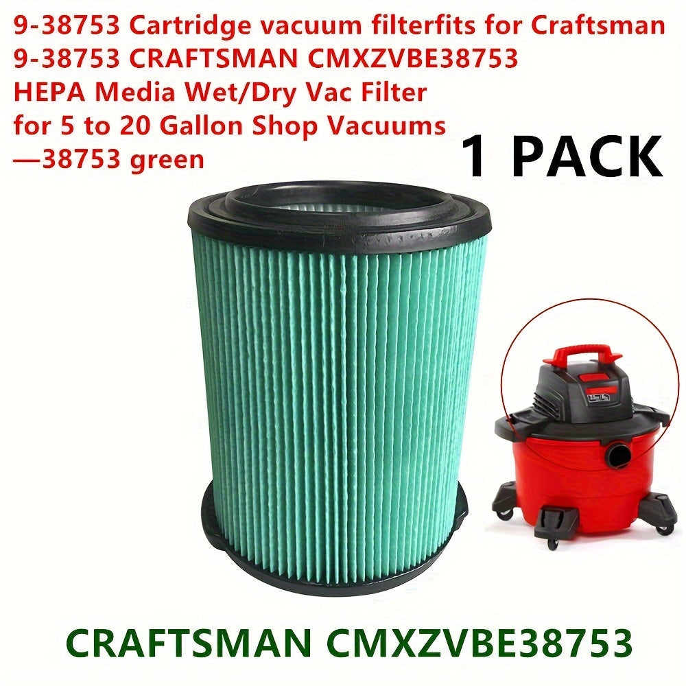 Craftsman Compatible HEPA Filter Cartridge 9-38753 is designed for easy installation with a quick-lock system for CMXZVBE38753 Models. This filter fits 18.93-75.71 L Shop Vacuums by CRAFTSMAN, in a sleek green color. Enjoy high-efficiency air