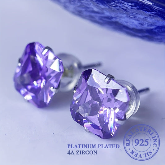 925 Sterling Silver Hypoallergenic Square Stud Earrings featuring Sparkling Purple Zirconia Inlays - Elegant Luxury Style Wedding Ear Decor