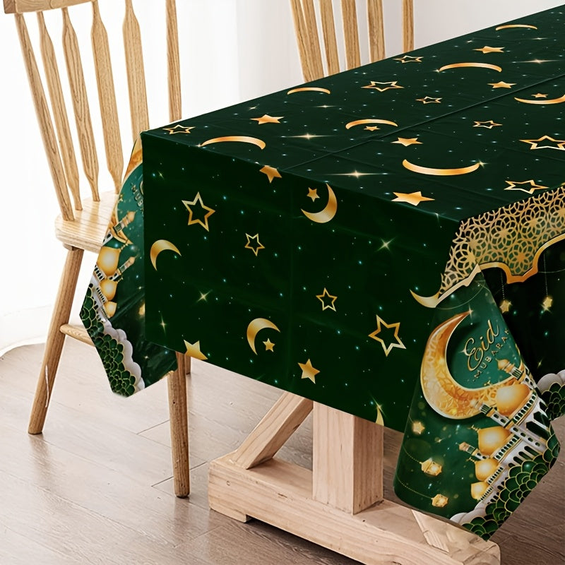 1pc Elegant Green & Golden Eid Mubarak Tablecloth - 130x220cm, featuring castle, moon, lantern & star design. Perfect for Ramadan & Eid celebrations, durable plastic machine-woven for