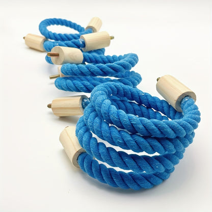 Bird perch made of blue braided rope with wooden platforms, suitable for various bird species and small pets.