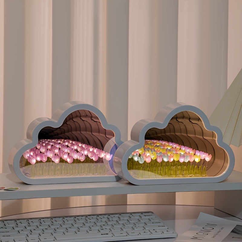 Artistic tulip cloud LED night light with mirror sea effect, handcrafted for cozy bedroom ambiance.