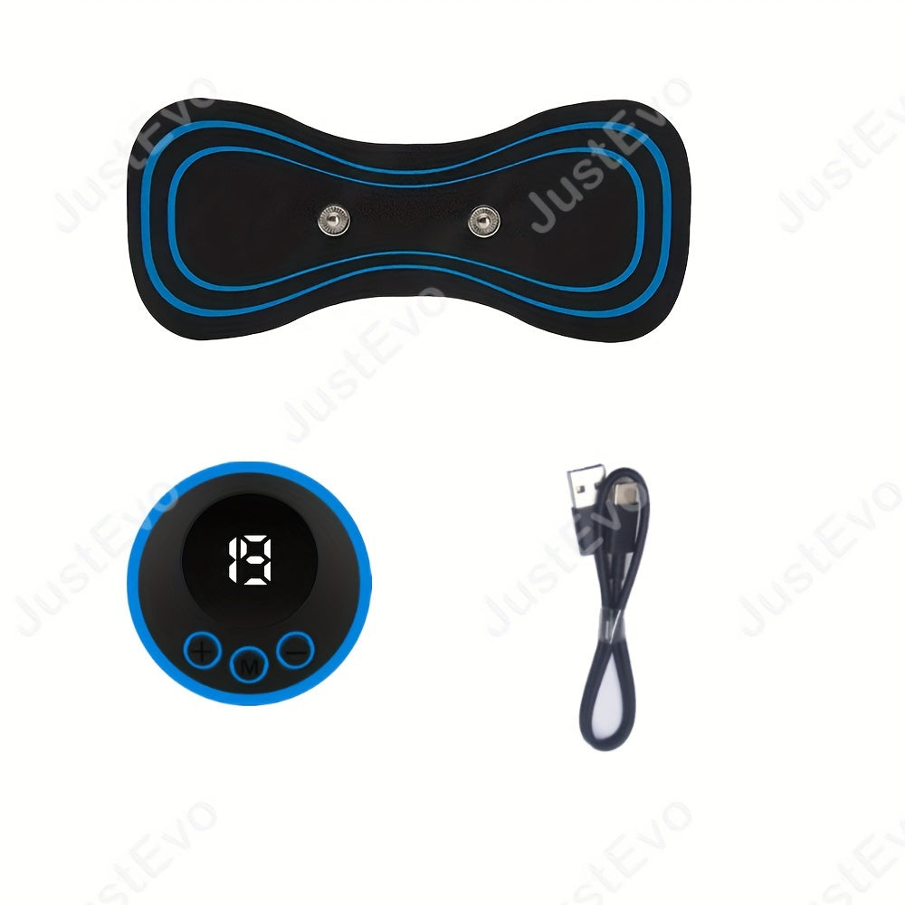 JustEvo Portable Mini Massager Patch - USB Rechargeable with Digital Display, Hypoallergenic, Ergonomic Design for Full Body Muscle Relaxation - Black & Blue