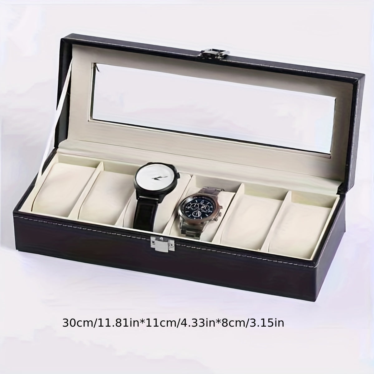 New faux leather watch storage box with velvet interior, designed to hold 6 watches and display jewelry.