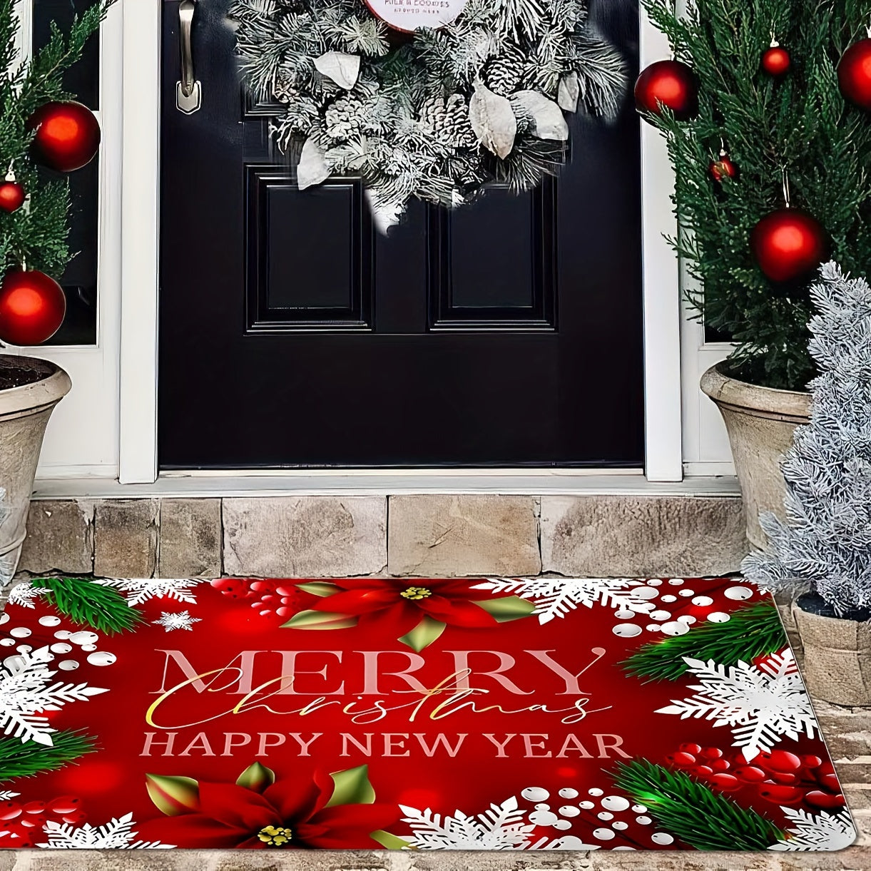 Christmas Red Door Mat - Large Non-Slip Entrance Rug - Indoor/Outdoor Camping Carpet - Absorbent Flannel Material - Machine Washable - 0.47-inch Thick - 600g/m² - Rectangular - Anti-Stain - Anti-Slip - Floral Pattern - Holiday Home Decor - Bedroom