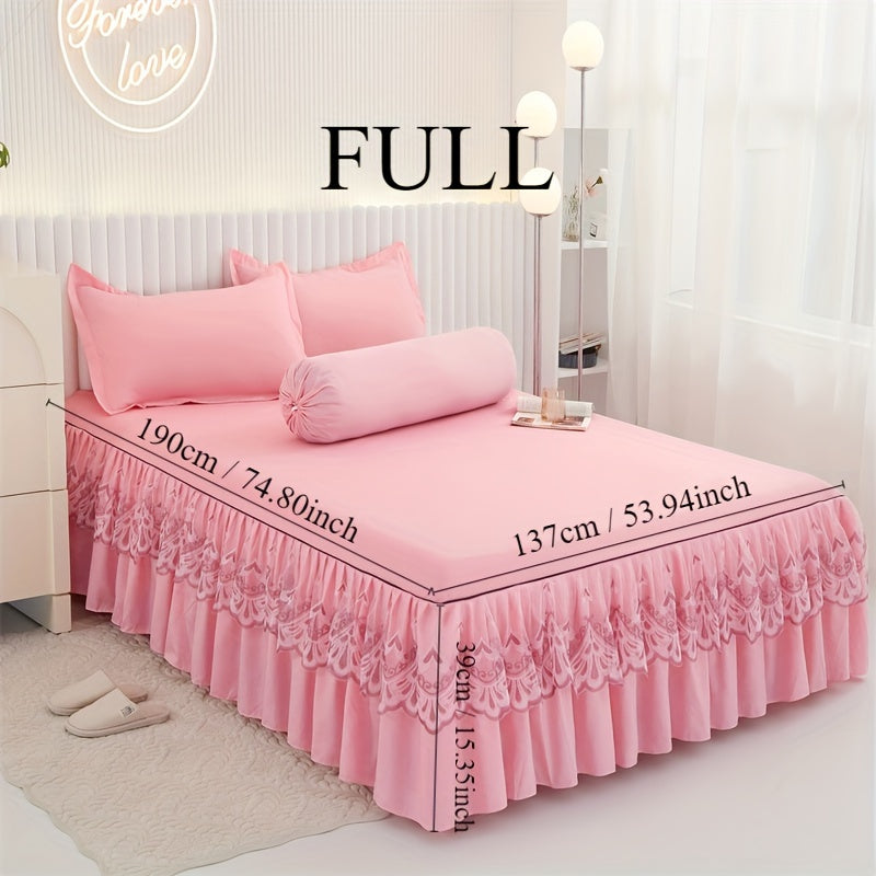 Chic 3-Piece Bed Skirt Set Featuring Double Layer Lace - Comes with 1 Bed Skirt and 2 Pillowcases, in a Solid Color. Non-Slip and Perfect for All Seasons, this Set is Machine Washable for easy care.