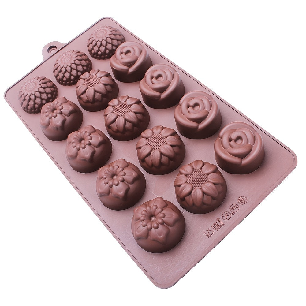 15 small flower-shaped chocolate silicone molds for DIY handmade soap, candy, jelly, mousse, and desserts. Includes 4 different kinds of flower shapes. Perfect for baking and crafting projects.