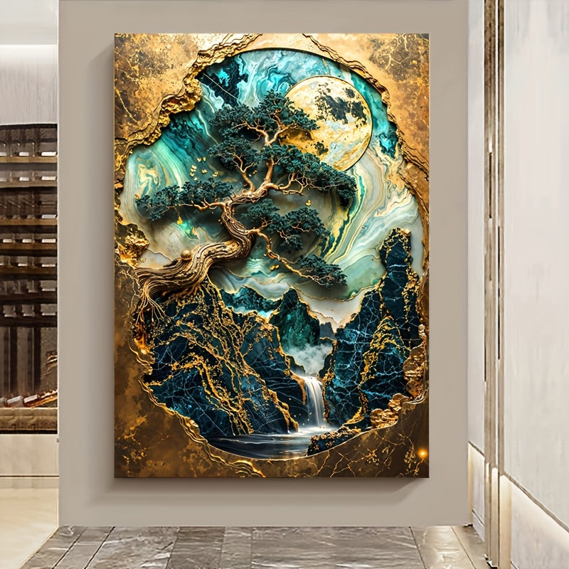 Frameless golden bonsai sanctuary wall art, modern abstract canvas print, 79.98x119.99cm, for bedroom and living room décor, other materials, no frame.