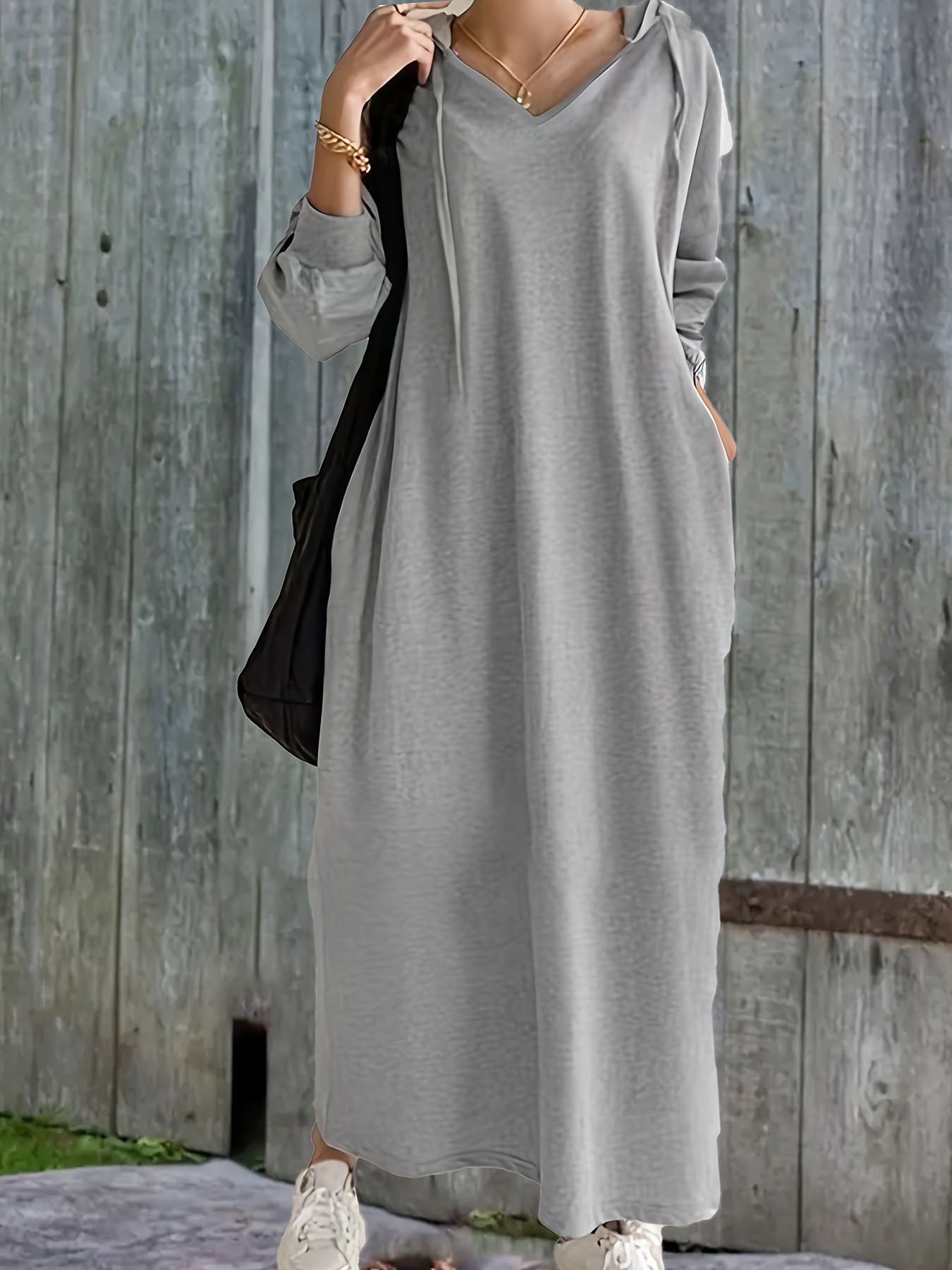 Plus Size Solid Drawstring Hooded Maxi Dress for Fall & Winter