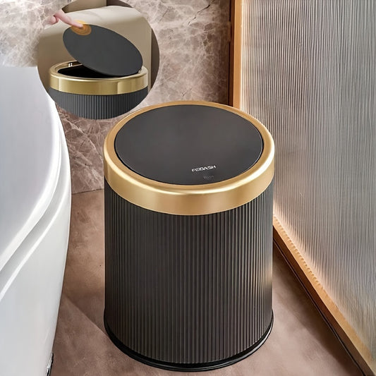 Cylindrical covered trash can for kitchen, bedroom, and living room with manual lifting lid.