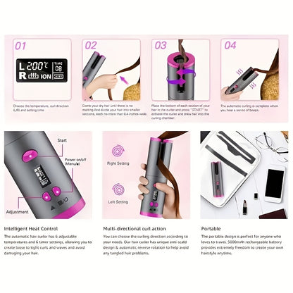 1pc Automatic Curler with Fast Charging USB, Ceramic, 5 Heat Settings, Tangle-free, Ideal for Styling and Special Occasions, Comes in Elegant Gift Box.