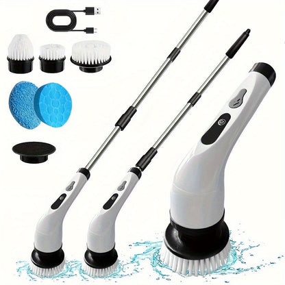 The Cordless Electric Rotating Washer comes with 9 replaceable brush heads and an adjustable extension handle. This 360-degree cordless cleaning brush is perfect for bathrooms, bathtubs, and tiles. Its powerful electric rotating floor washer makes