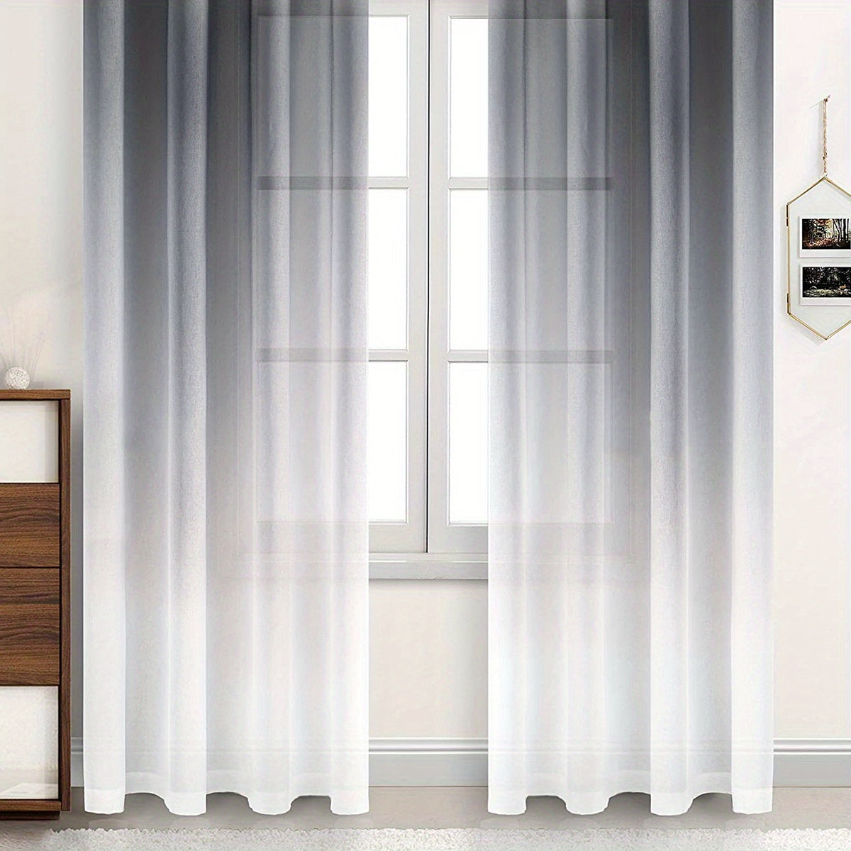 One Simple Gradient Sheer Curtain and One Printed Curtain Set for Rod Pocket Window Treatment in Bedrooms, Offices, Kitchens, Living Rooms, Studies, and Home Decor