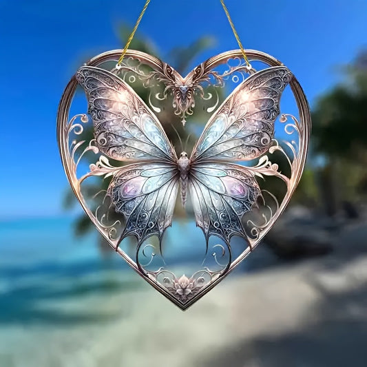 Glass window decoration pendant chain featuring a heart butterfly pattern, perfect for hanging in any room of the house as a beautiful and unique decoration. This versatile piece can be used in the bedroom, living room, kitchen, balcony, hallway, or