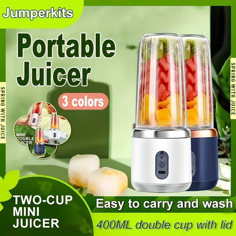 Small portable juicer with dual cups, rechargeable via USB. Versatile personal blender for fresh juice, smoothies, and milkshakes. Perfect for use at home, the office, or while traveling. Features a 1L capacity, lithium battery, and made of plastic