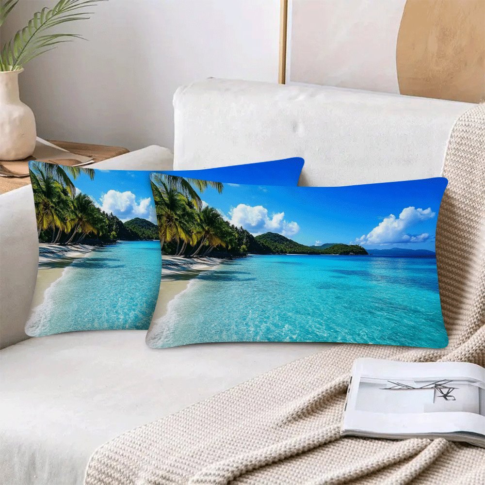 Set of 2 Ocean Beach & Coconut Tree Print Pillow Covers - 50.8x30.48cm - Soft, Stylish Square Cushion Cases for Living Room, Bedroom, and Outdoor Camping - Zip Closure, Easy to Clean Machine Washable