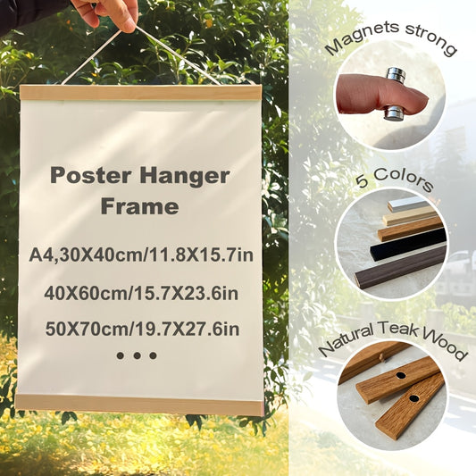 Modern magnetic wood frames for posters in versatile sizes with strong magnets for secure hanging on various surfaces, ideal for photos and canvas art in any room.