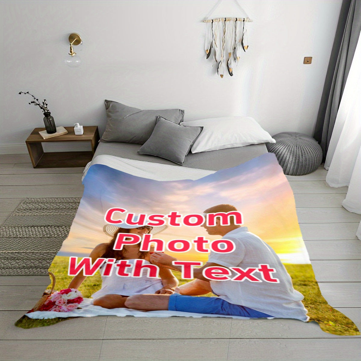 Create your own photo blanket set - Add your own picture and text for a unique touch! Ideal for birthdays, weddings, graduations, and Christmas. This cozy flannel gift is perfect for families, pets, and adults. Enjoy all-season comfort with this