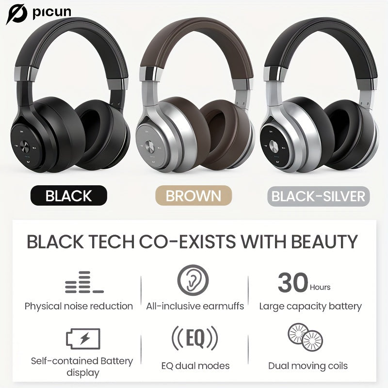 Picun P28X BT Over Ear Headphones with 30H Playtime, EQ Music Modes, Wireless, Microphone, HiFi Stereo, Foldable Lightweight Headset, Deep Bass for Home Office Cellphone PC, Dual Moving