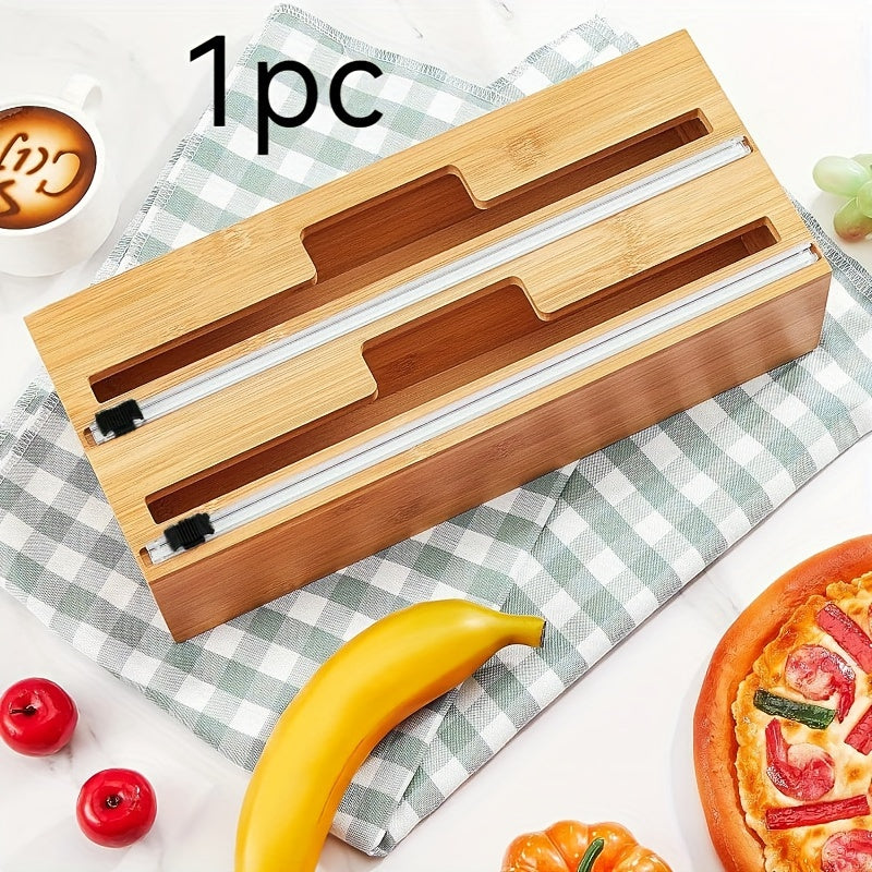 Durable food grade PE material self-adhesive plastic food storage bag sealer with an easy slide cutter for plastic wrap, foil, and parchment paper rolls. Ideal kitchen organizer for food packaging, suitable for all safe boxes.