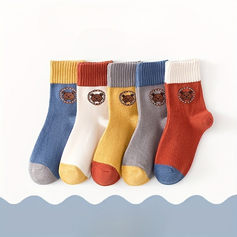 5 pairs of cozy unisex bear pattern crew socks for winter and autumn, with breathable and thermal features.