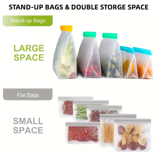 Get a pack of 1 Set Reusable Food Storage Bags made of leak-proof PEVA plastic with a square clip-on closure. Easy to hand wash, these bags are multipurpose for travel or home use. The set includes a 3.79 L bag, 1 sandwich bag, and 1 snack bag, all