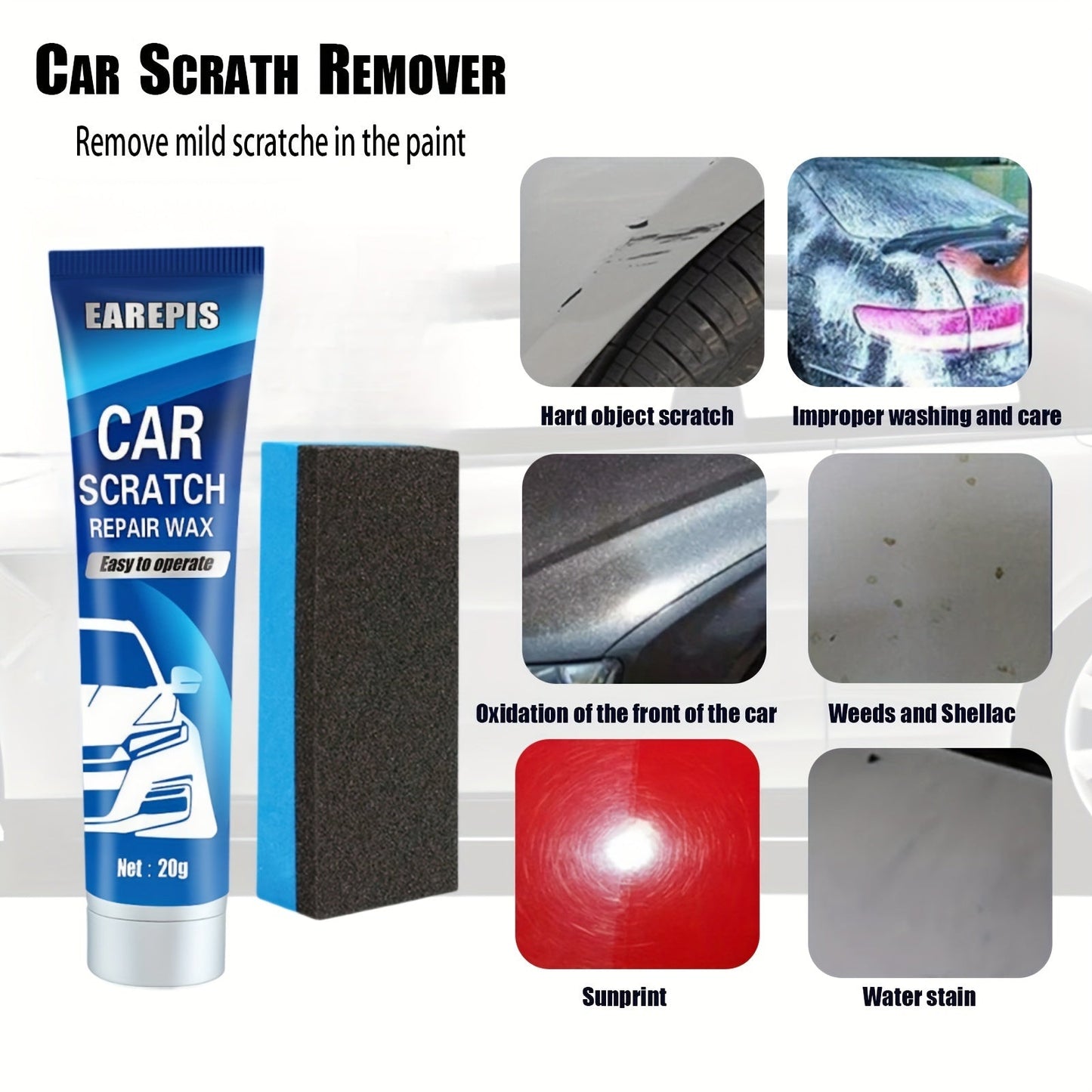 20g Car Scratch Remover Wax Kit with Sponge Applicator - Apply Easily for Auto Surface Scratch Repair, Non-Electric Nano Coating Protection for Scratches and Stain Removal