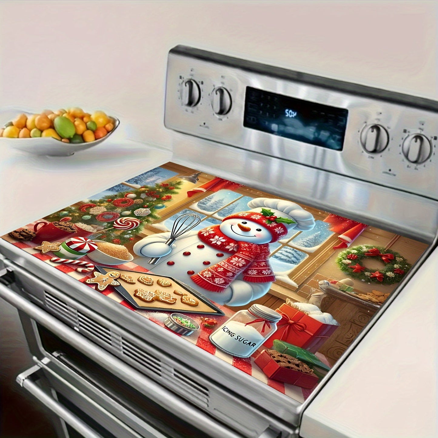 Protect your stove top with the Christmas Snowman Multi-Use Stove Top Cover. This cover is perfect for electric glass stoves, cooktops, washers, dryers, and ironing mats. It is anti-slip, waterproof, and heat-resistant, providing easy cleaning and