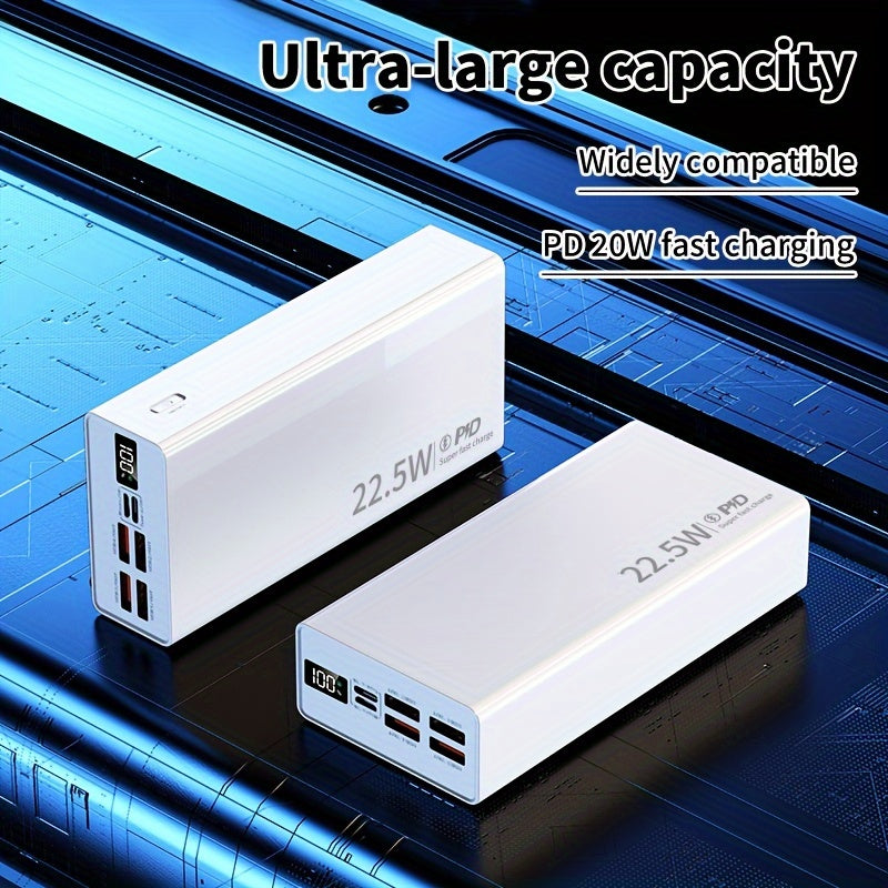 Large capacity power bank with fast charging capabilities, multiple input/output interfaces, intelligent battery display, and compatibility with various mobile devices. Ideal for outdoor