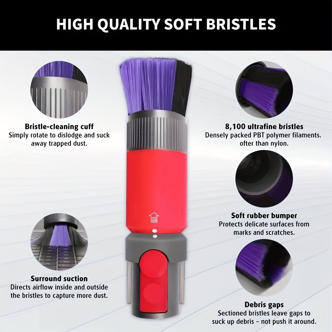 Compatible with Dyson V7 V8 V10 V11 V12 V15 Vacuum Cleaners, this dusting brush is designed to be traceless and scratch-free. It features self-cleaning soft bristles for effective dusting, and its compact design allows for easy storage and transport.