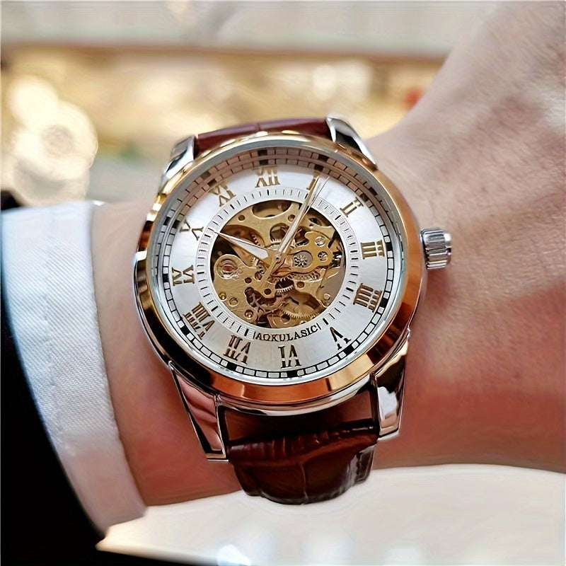 Elegant men's automatic mechanical watch with skeleton design, brown faux leather strap, self-winding. Ideal for business and casual wear, perfect gift for young men. Durable watch band