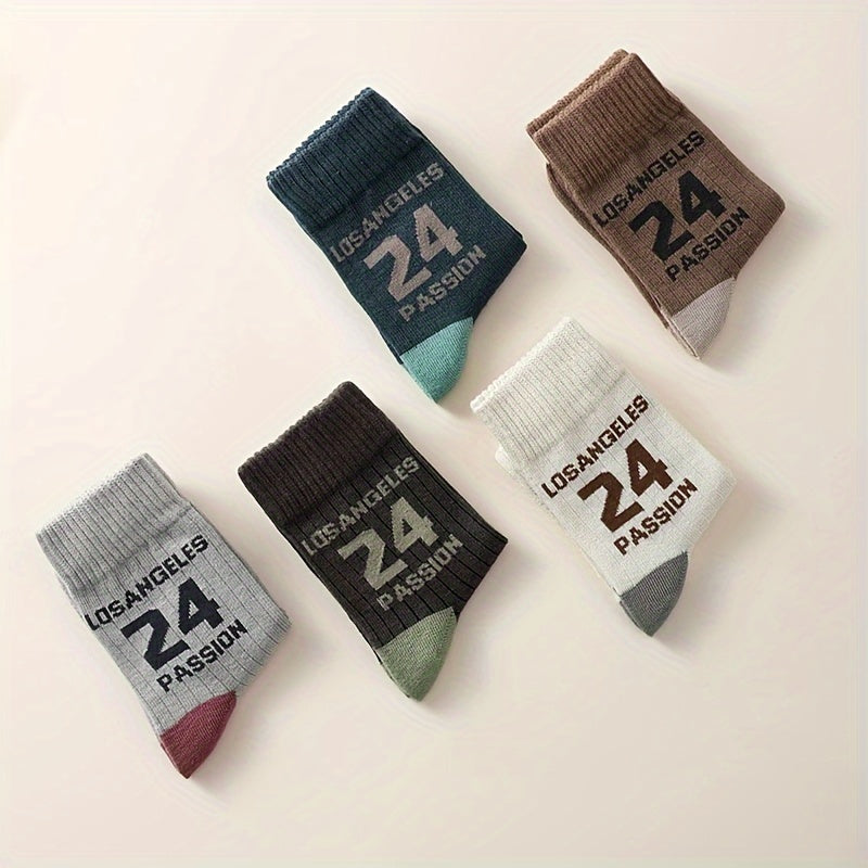 5 Boys' Crew Socks - Polyester Blend with Geometric Patterns, Breathable and Comfortable for All Seasons